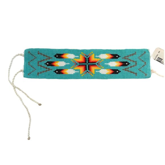 Huichol Beaded Bracelet – Turquoise with Fire Arrow & Feather Pattern - Picture 1 of 2